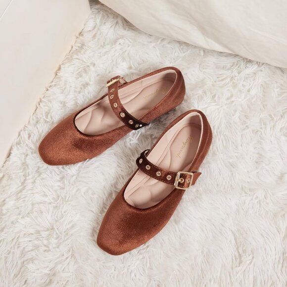 Women Velvet Coffee Polyurethane (PU) Closed Toe Strap Buckle Ballerina Flats - Picture 7 of 8